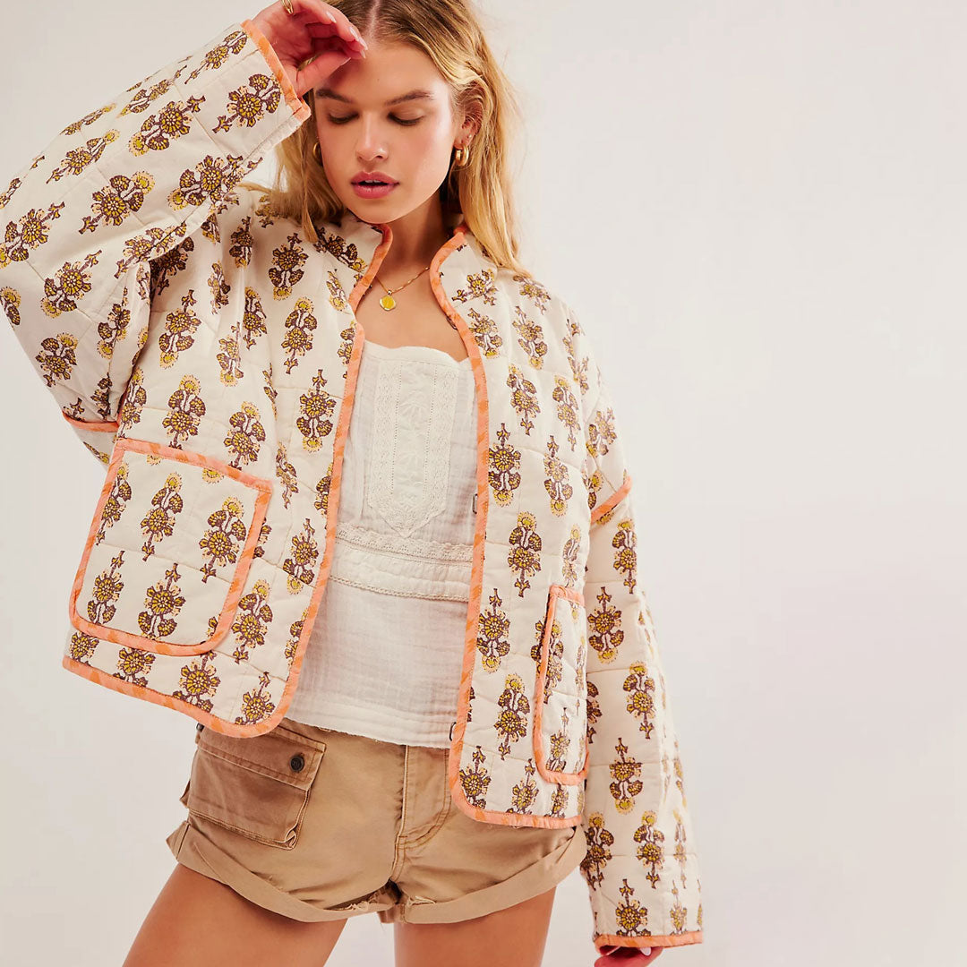 Vintage High Neck Drop Shoulder Contrast Trim Cargo Pocket Quilted Jacket