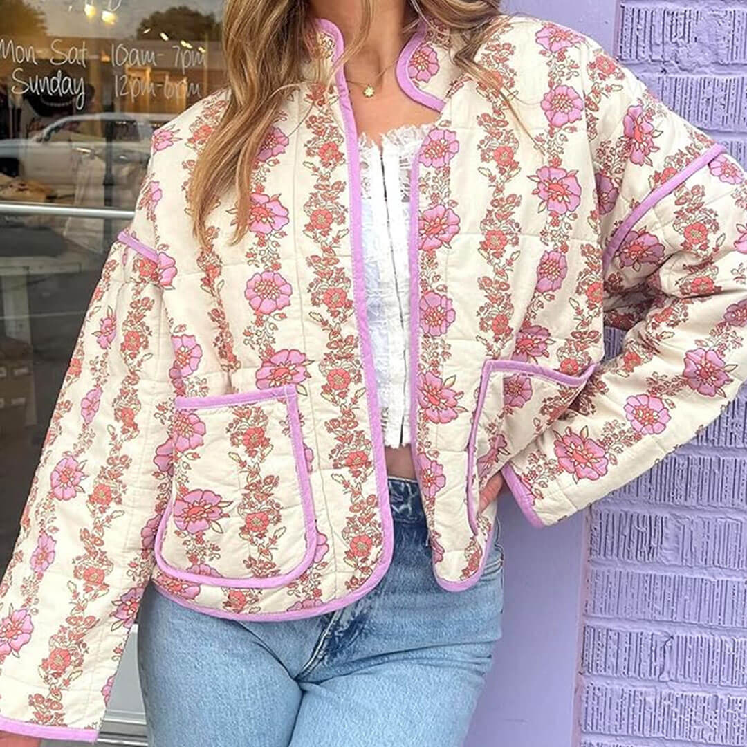 Vintage High Neck Drop Shoulder Contrast Trim Cargo Pocket Quilted Jacket