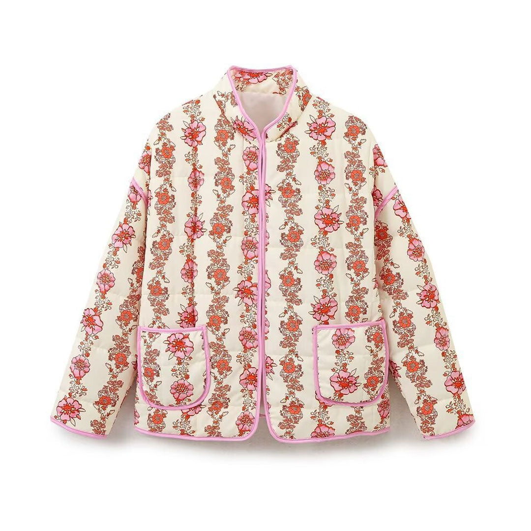 Vintage High Neck Drop Shoulder Contrast Trim Cargo Pocket Quilted Jacket