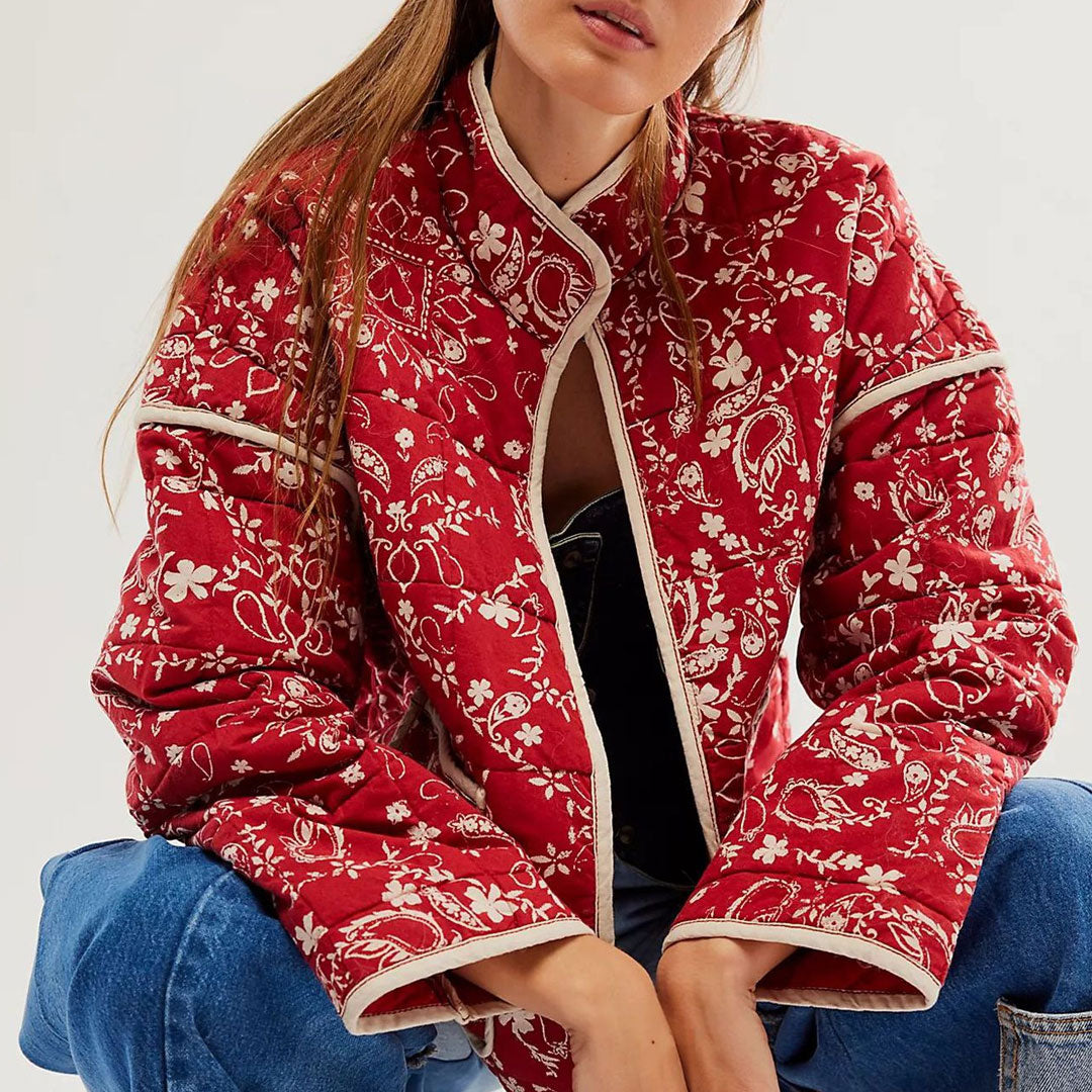 Vintage High Neck Drop Shoulder Contrast Trim Cargo Pocket Quilted Jacket