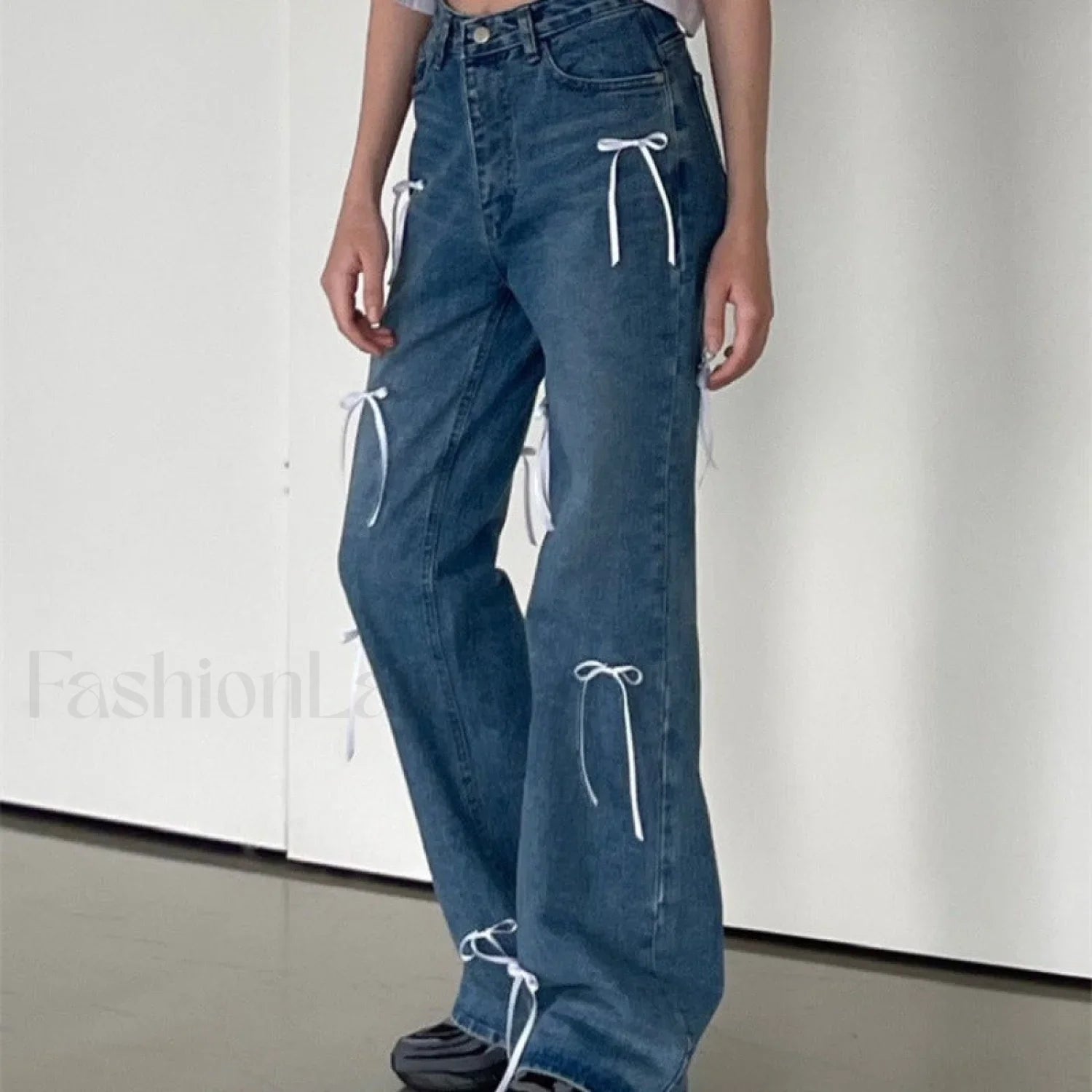 Vintage High Waist Trendy Bow Wide Leg Jeans Denim Blue / L women clothing