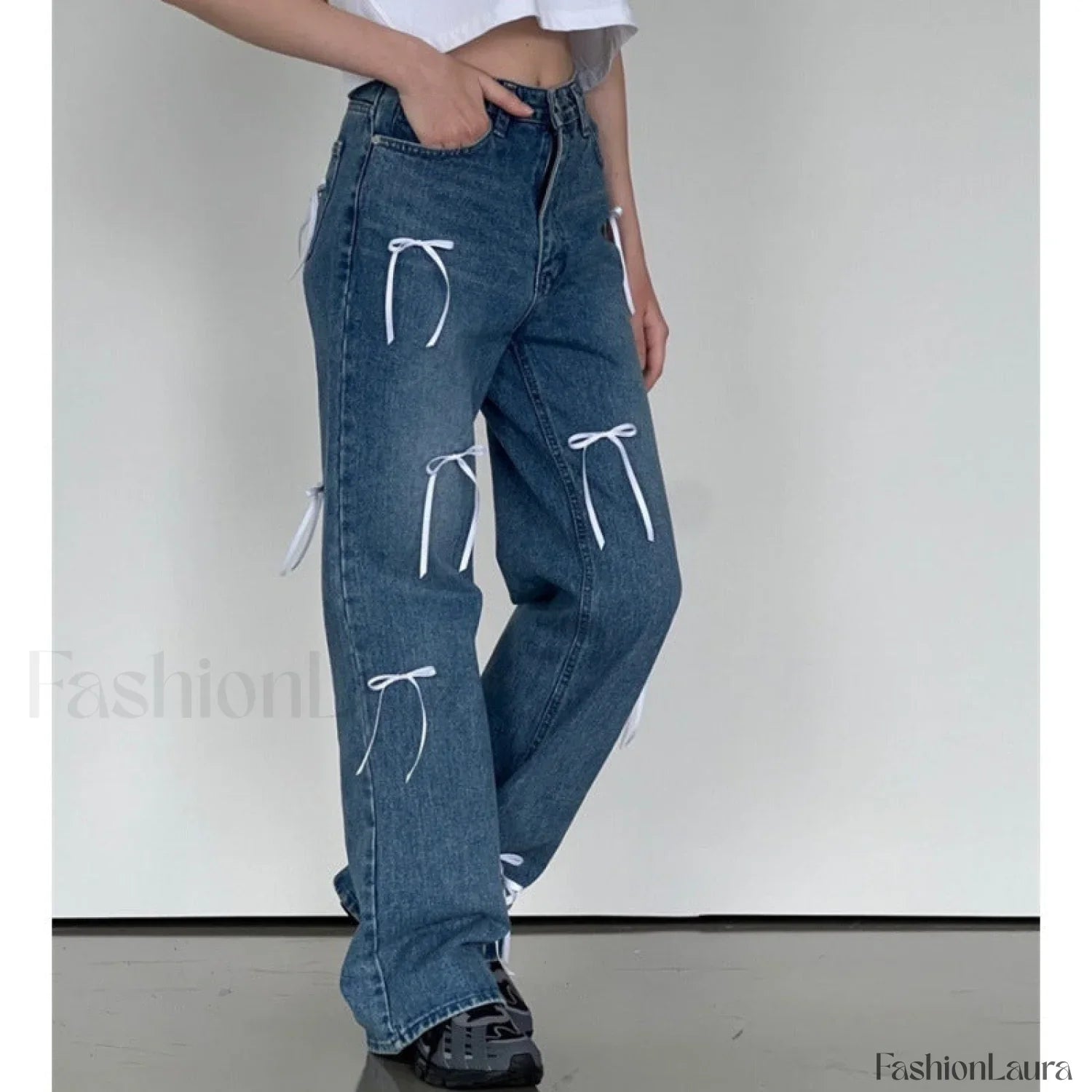 Vintage High Waist Trendy Bow Wide Leg Jeans