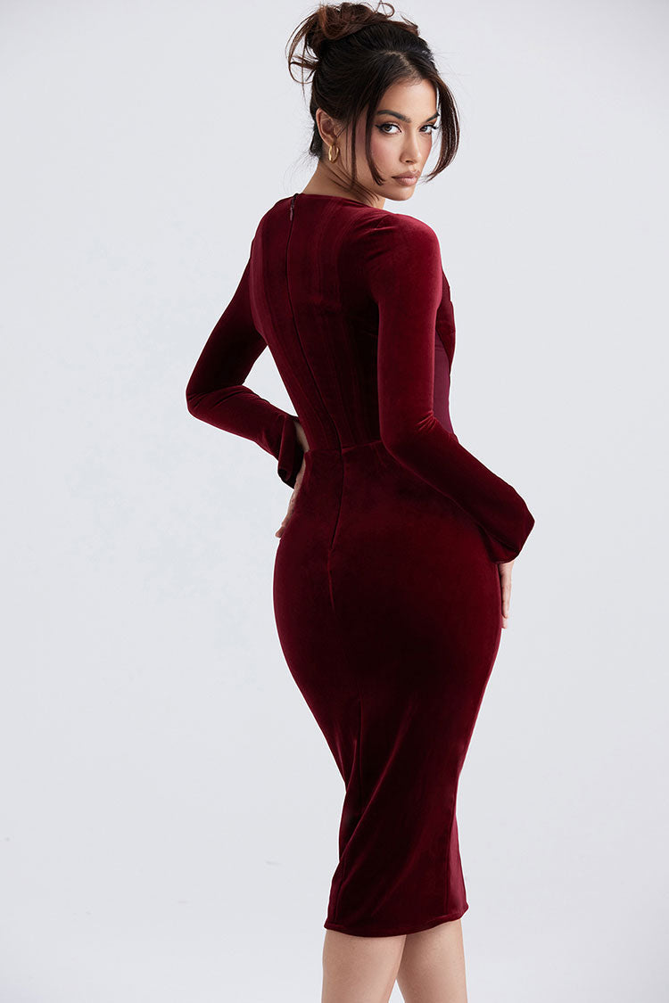 Velvet Square Neck Long Sleeve Lace Trim Corset Bodycon Midi Dress