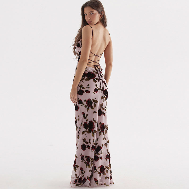 Vintage Mesh Flower Print Fishtail Drape Trim Lace Up Back Maxi Dress - Pink 3