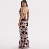 Vintage Mesh Flower Print Fishtail Drape Trim Lace Up Back Maxi Dress - Pink 3