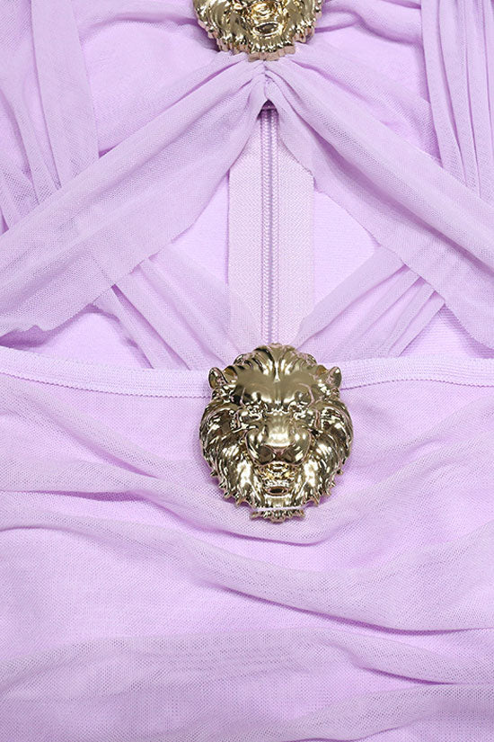 Vintage Metal Trim Cutout Sleeveless Ruched Mesh Bandage Mini Dress - Lilac 4