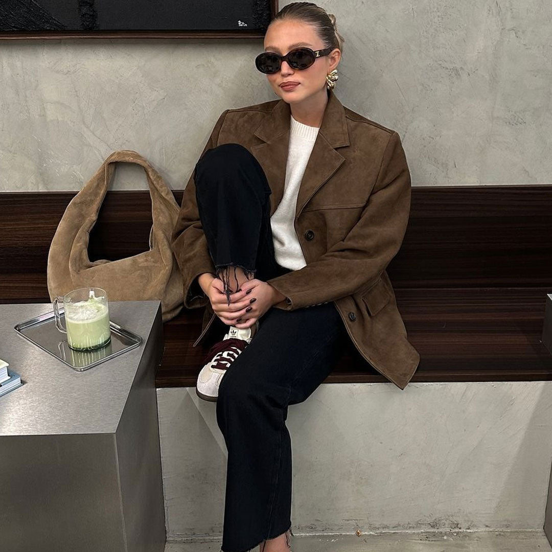 Vintage Notch Lapel Strong Shoulder Button Up Long Sleeve Faux Suede Blazer