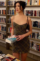 Vintage Plaid Bow Tie V Neck Summer Sleeveless Mesh Party Mini Dress - Army Green 2