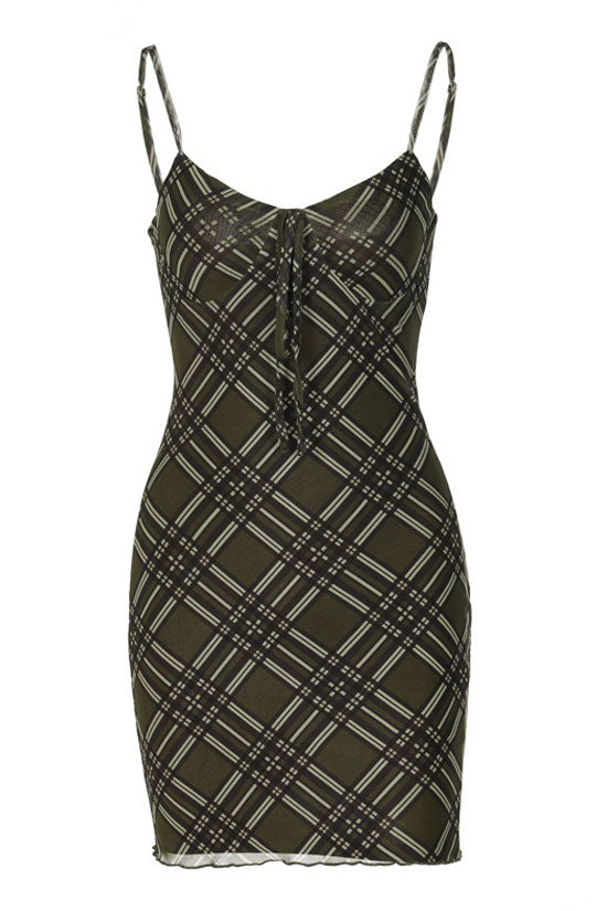 Vintage Plaid Bow Tie V Neck Summer Sleeveless Mesh Party Mini Dress - Army Green 4