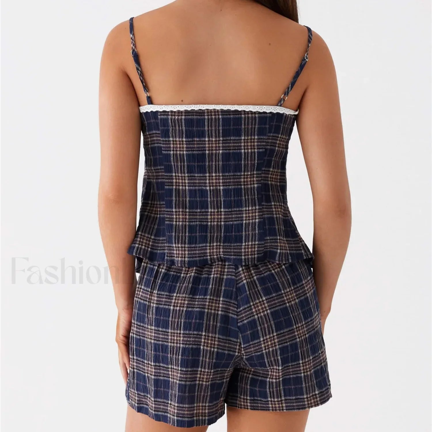 Vintage Plaid Lace Trim Camisole Shorts Two Piece Set