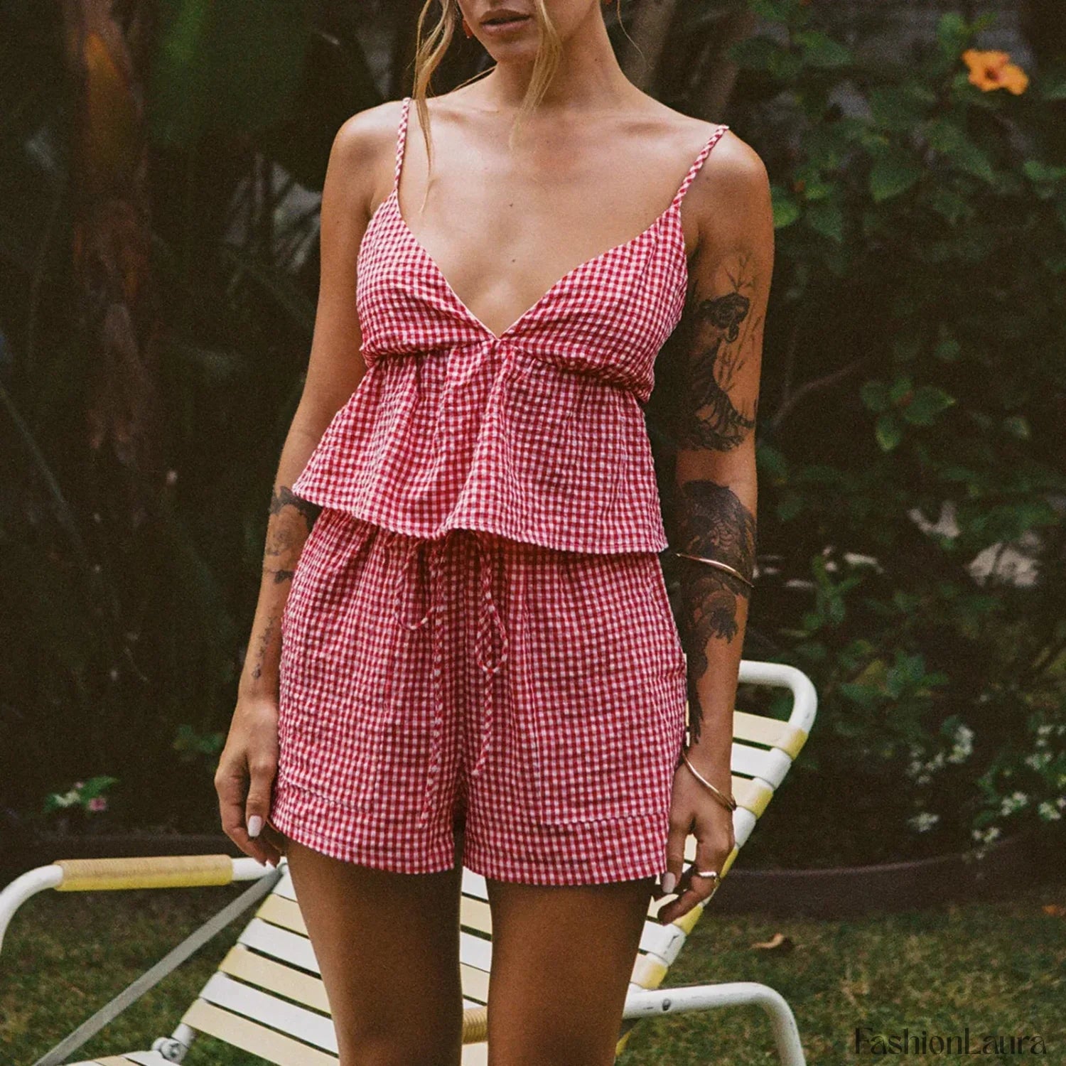 Vintage Plaid V-neck Backless Camisole Elastic Waist Shorts Two Piece Set