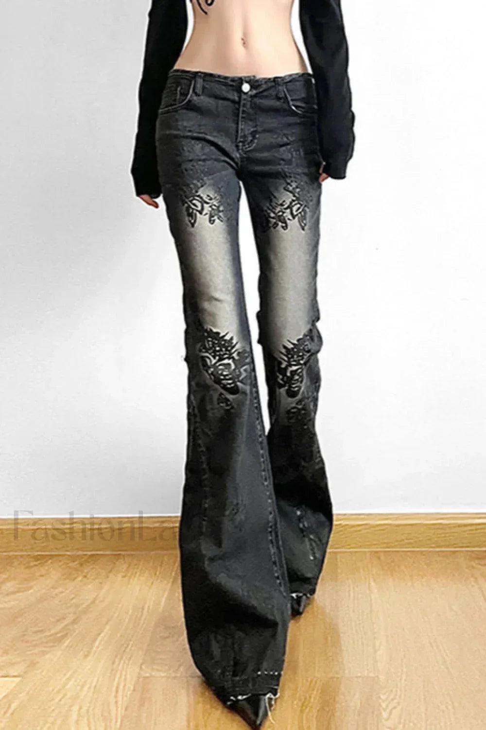 Vintage Plant Print Flared Jeans Black / S
