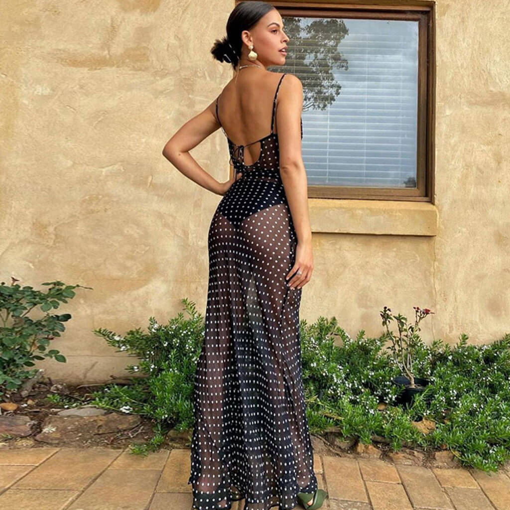 Vintage Polka Dot Cowl Neck Floss Strap Sheer Maxi Dress - Black