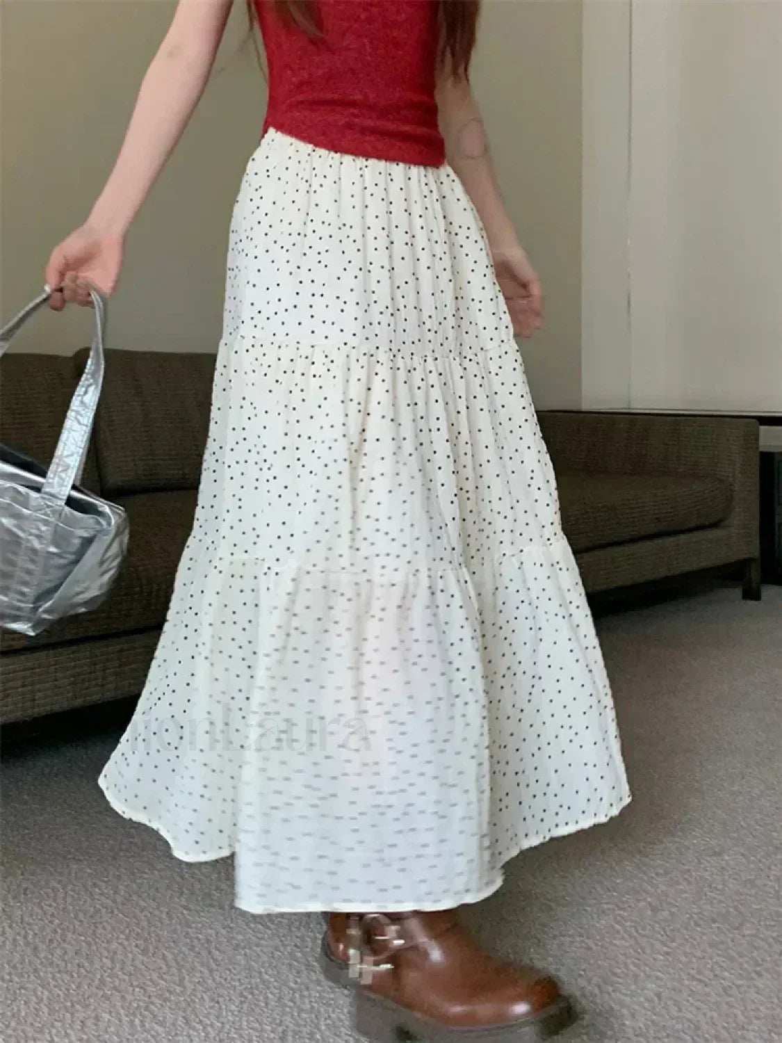 Vintage Polka Dot Holiday Ruffle Hem Long Skirt