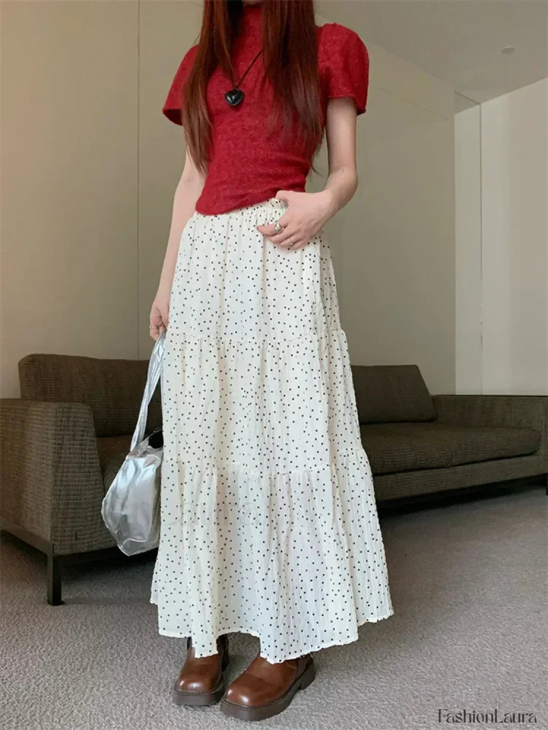 Vintage Polka Dot Holiday Ruffle Hem Long Skirt