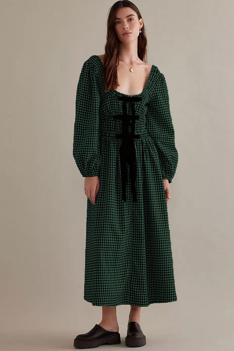 Vintage Print Bow Scoop Neck Bishop Sleeve Smock Beach Vacation Midi Dress