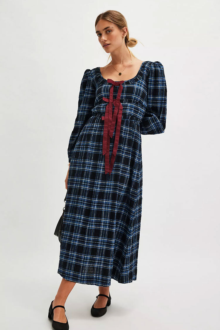 Vintage Print Bow Scoop Neck Bishop Sleeve Smock Beach Vacation Midi Dress