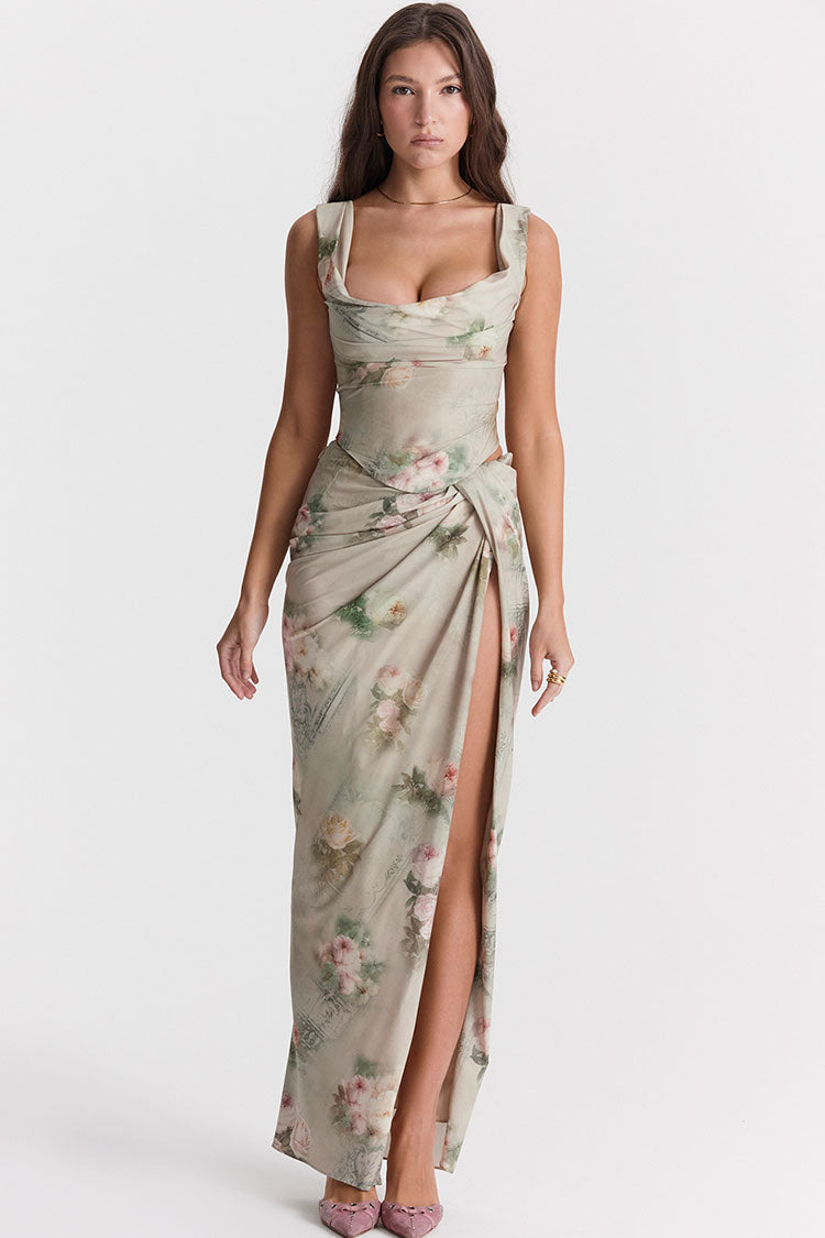 Floral Corset Top High Split Maxi Two Piece Set
