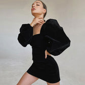 Vintage Puff Sleeve Square Neck Velvet Party Mini Dress - Black 2