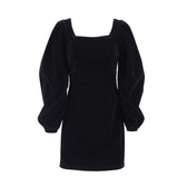 Vintage Puff Sleeve Square Neck Velvet Party Mini Dress - Black 3