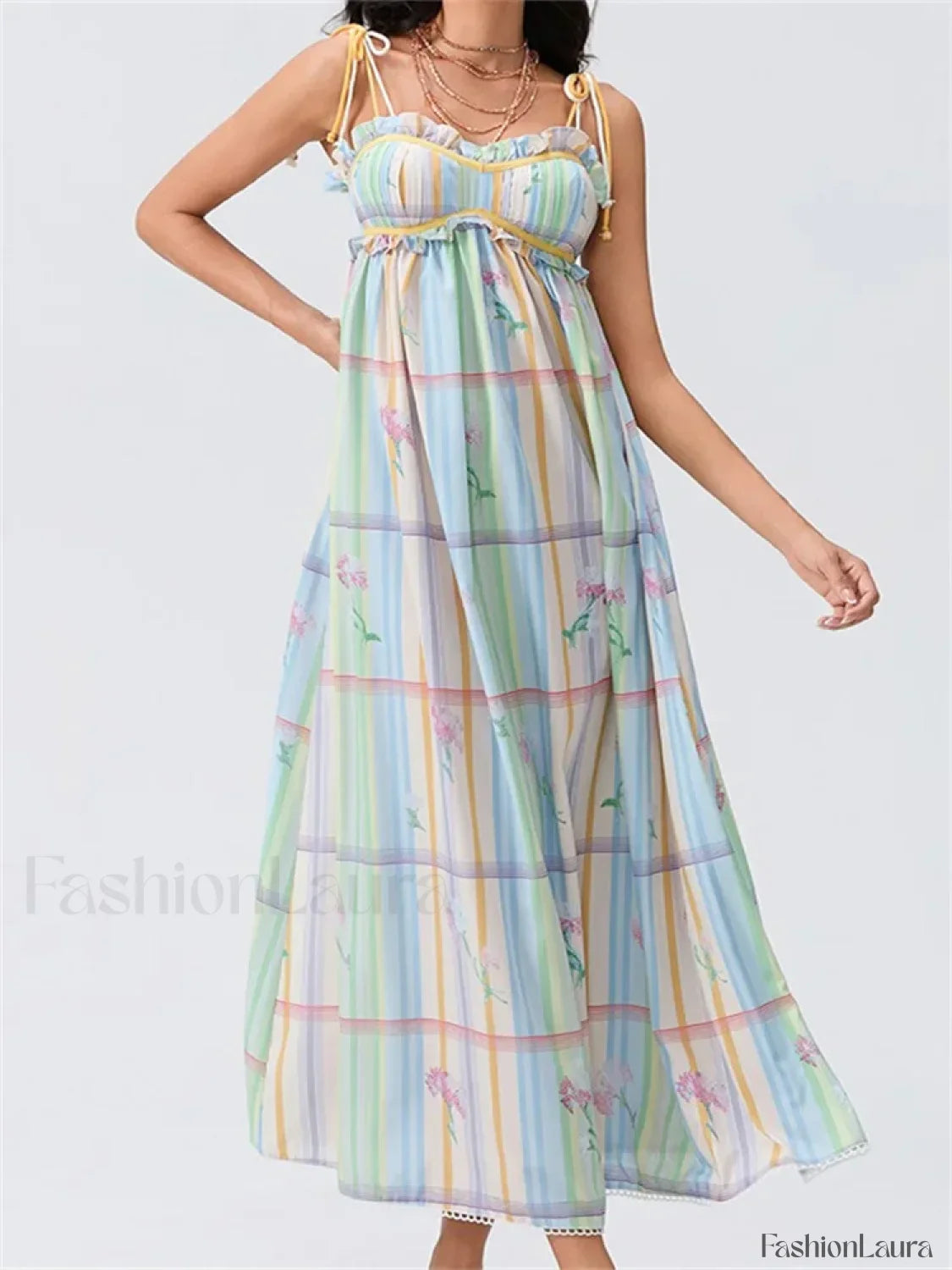 Vintage Ruched Print Strap Maxi Dress