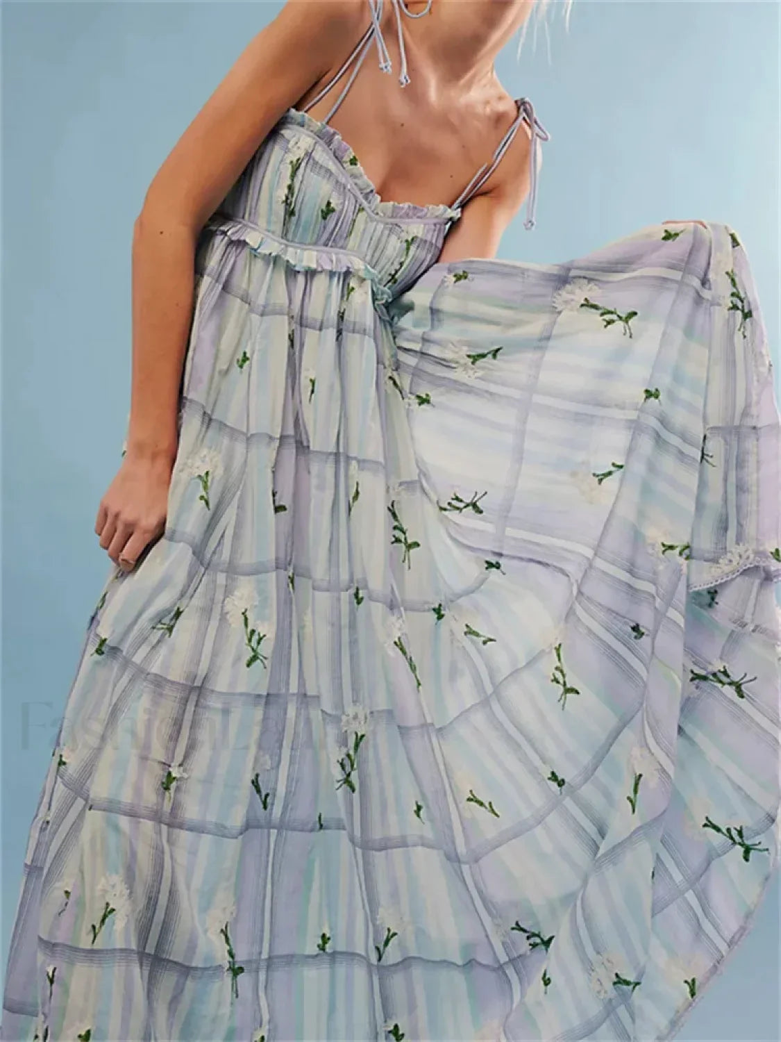 Vintage Ruched Print Strap Maxi Dress