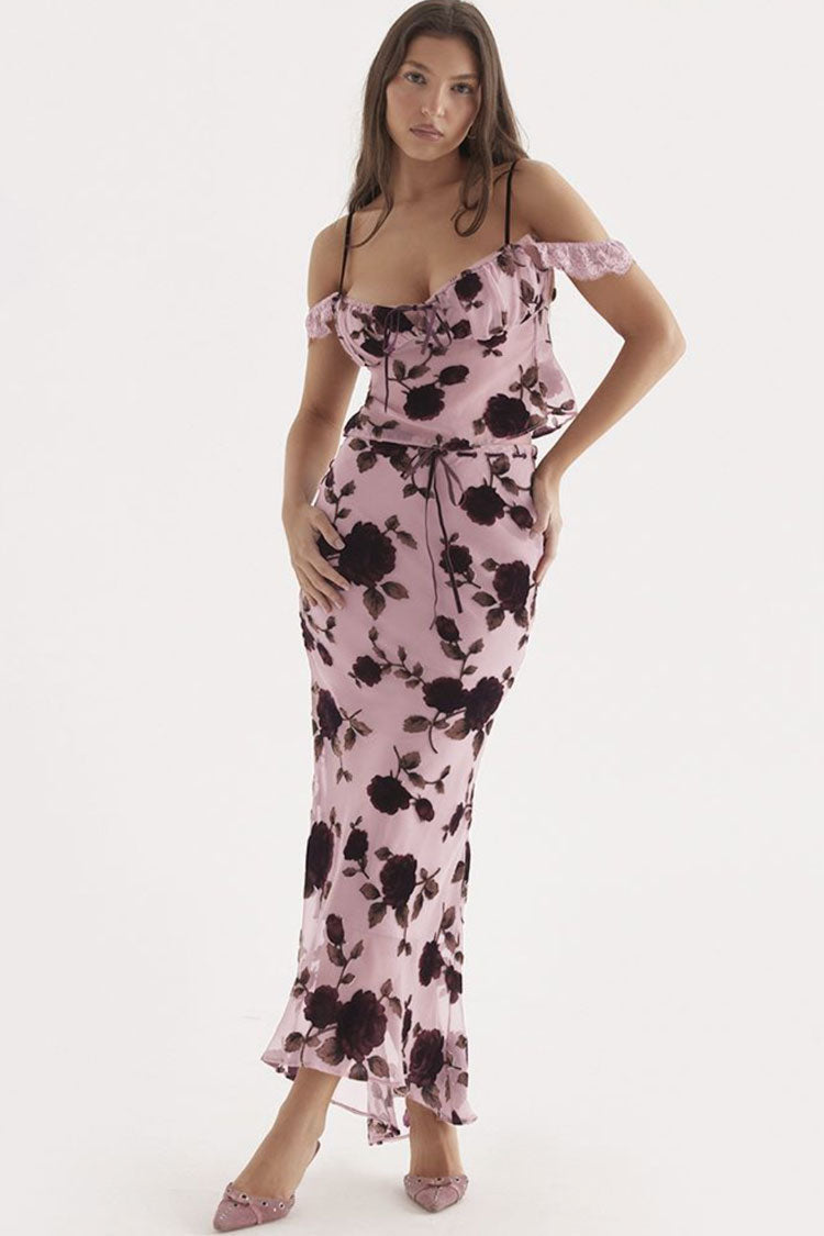 Rose Print Cowl Neck Lace Trim Cold Shoulder Ruffle Hem Maxi Dress