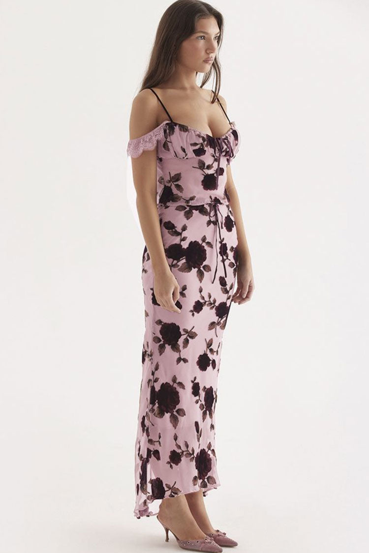 Vintage Ruffle Lace Trim Mesh High Waist Two Piece Maxi Dress - Floral 3