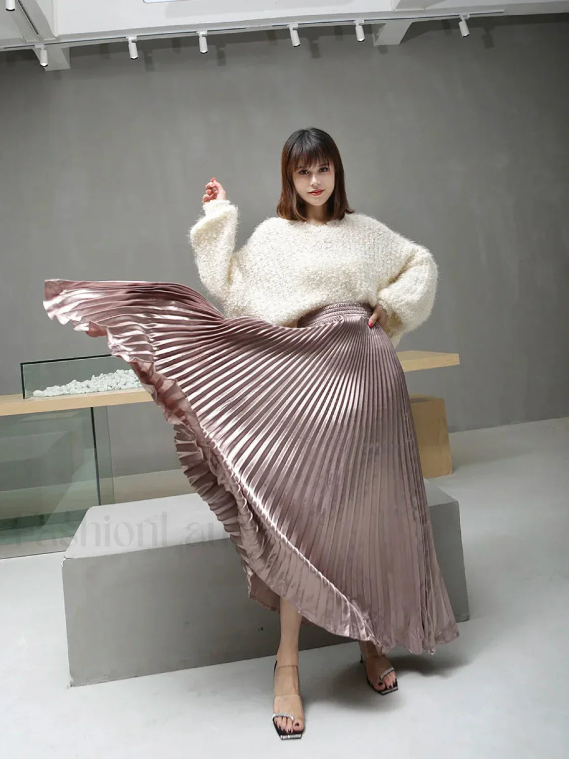 Vintage Silver Maxi Metal Flared Pleated High Waist Skirt khaki / One Size