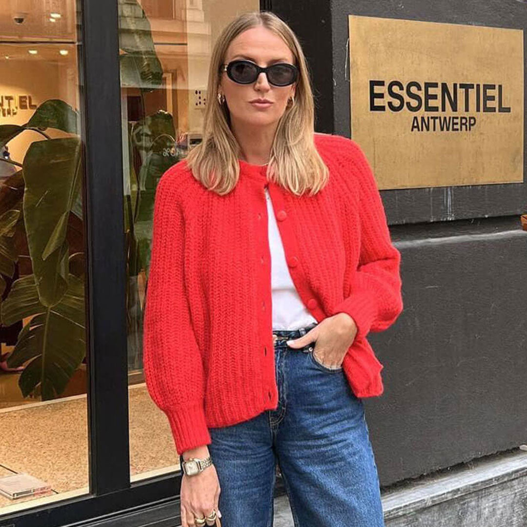 Vintage Solid Color Crew Neck Bishop Sleeve Button Up Textured Knit Cardigan