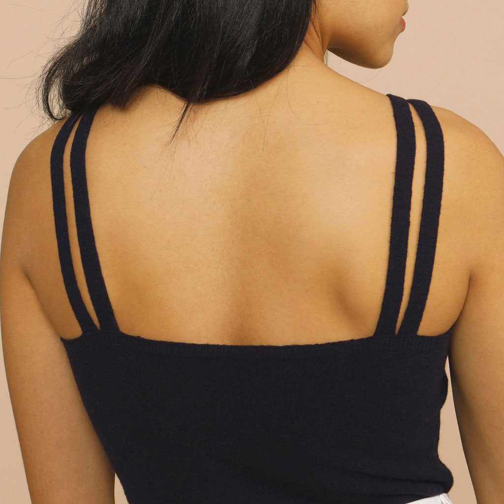 Vintage Square Neck Double Strap CutOut Knit Tank Top - Black