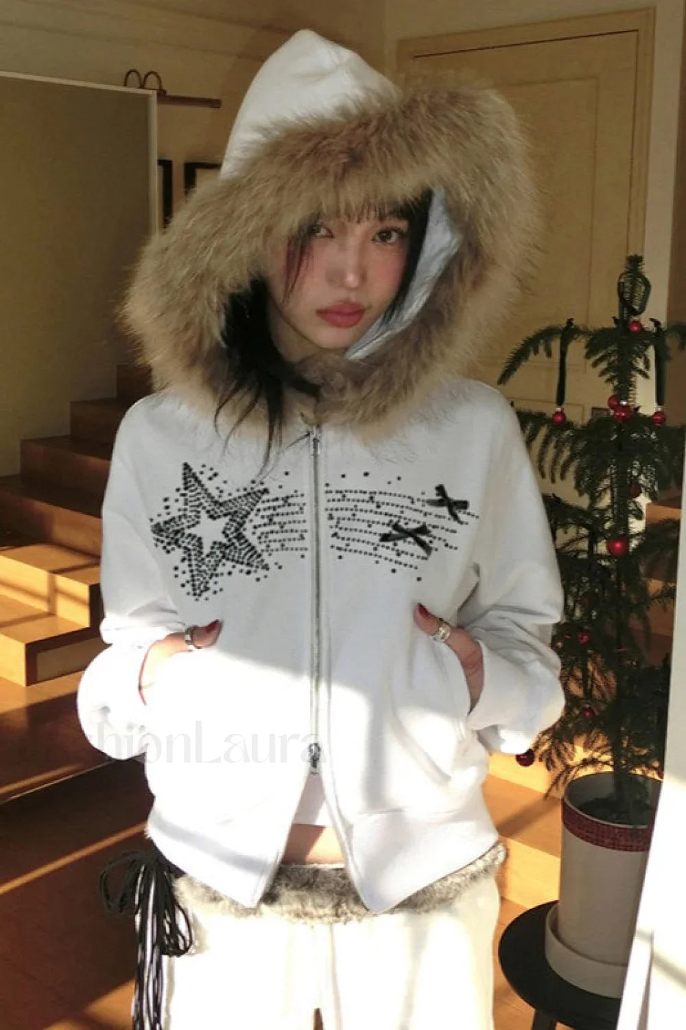Vintage Star Print Fur Collar Hoodie
