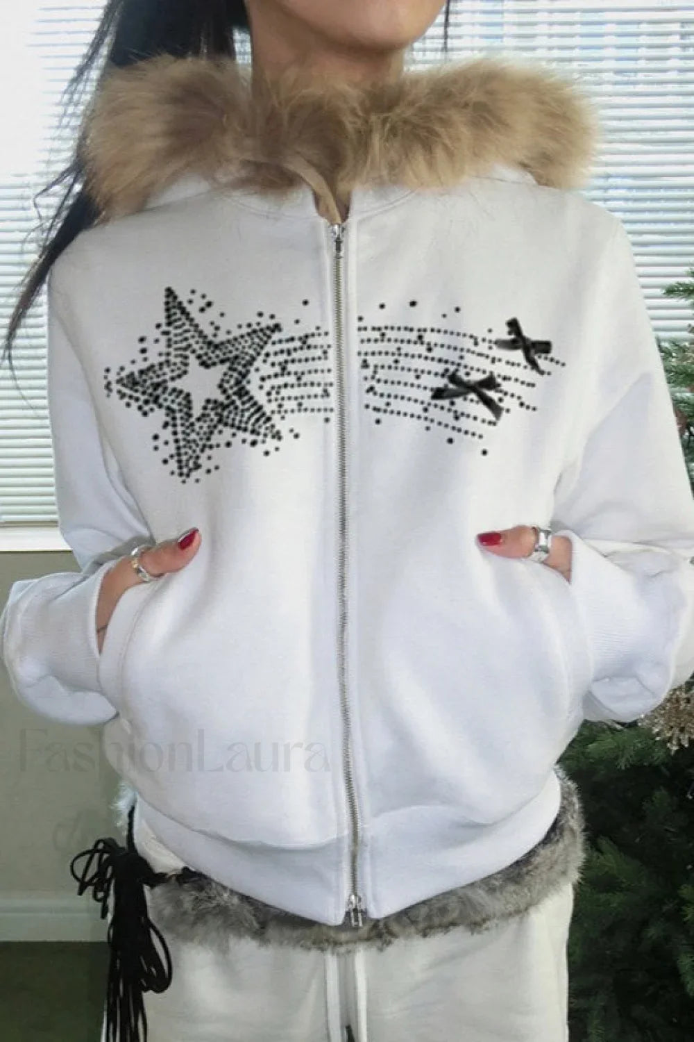 Vintage Star Print Fur Collar Hoodie