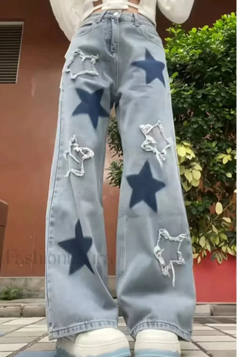 Vintage Star Print Wide Leg Jeans Light Blue / XS