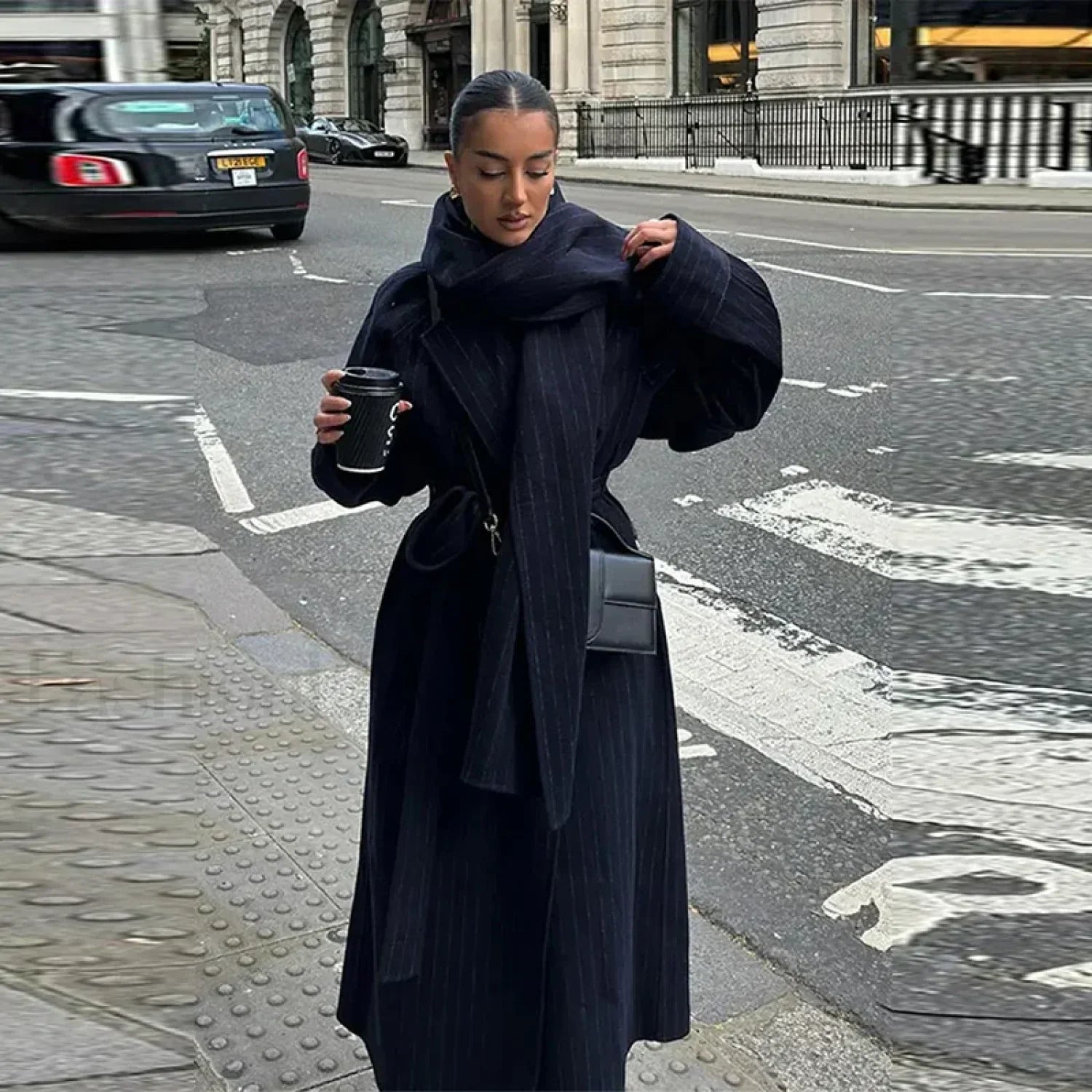 Vintage Striped Long Trench Coats Women Casual Loose Single Button Overcoats with scarf / S