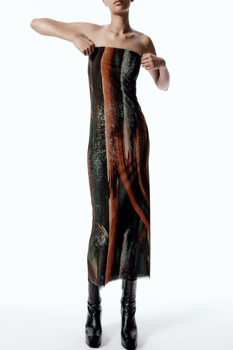 Abstract Print Strapless Mesh Tube Column Maxi Dress