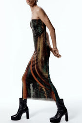 Vintage Style Abstract Printed Summer Strapless Mesh Maxi Dress - Brown 2