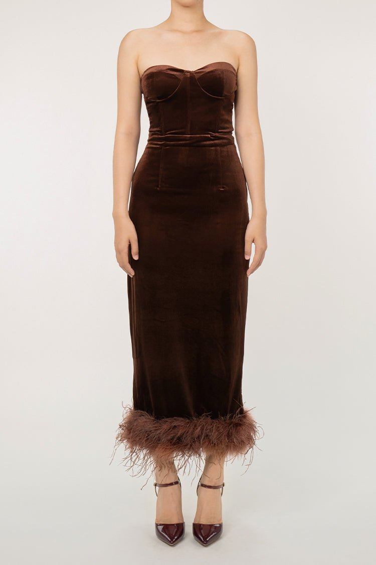 Vintage Sweetheart Neck Corset Velvet Faux Feather Trim Evening Maxi Dress