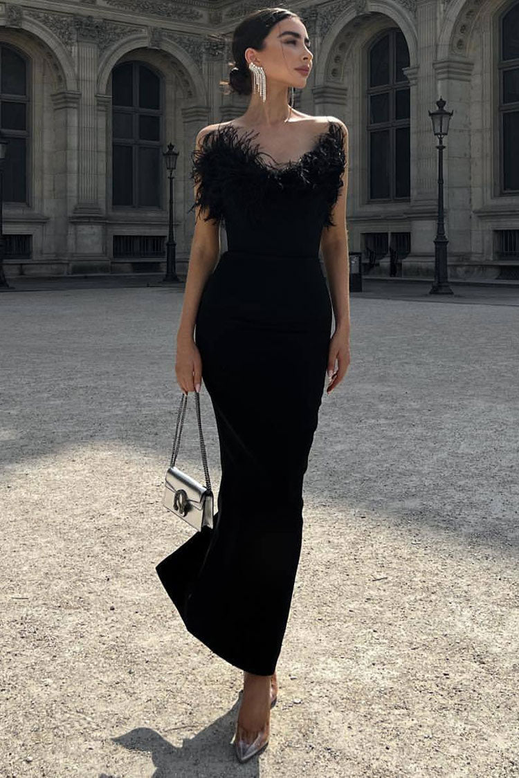 Strapless Feather Trim Corset Bodycon Maxi Dress Formal