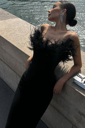 Vintage Sweetheart Strapless Bandage Knit Feather Trim Maxi Dress - Black 2