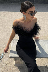 Vintage Sweetheart Strapless Bandage Knit Feather Trim Maxi Dress - Black 3