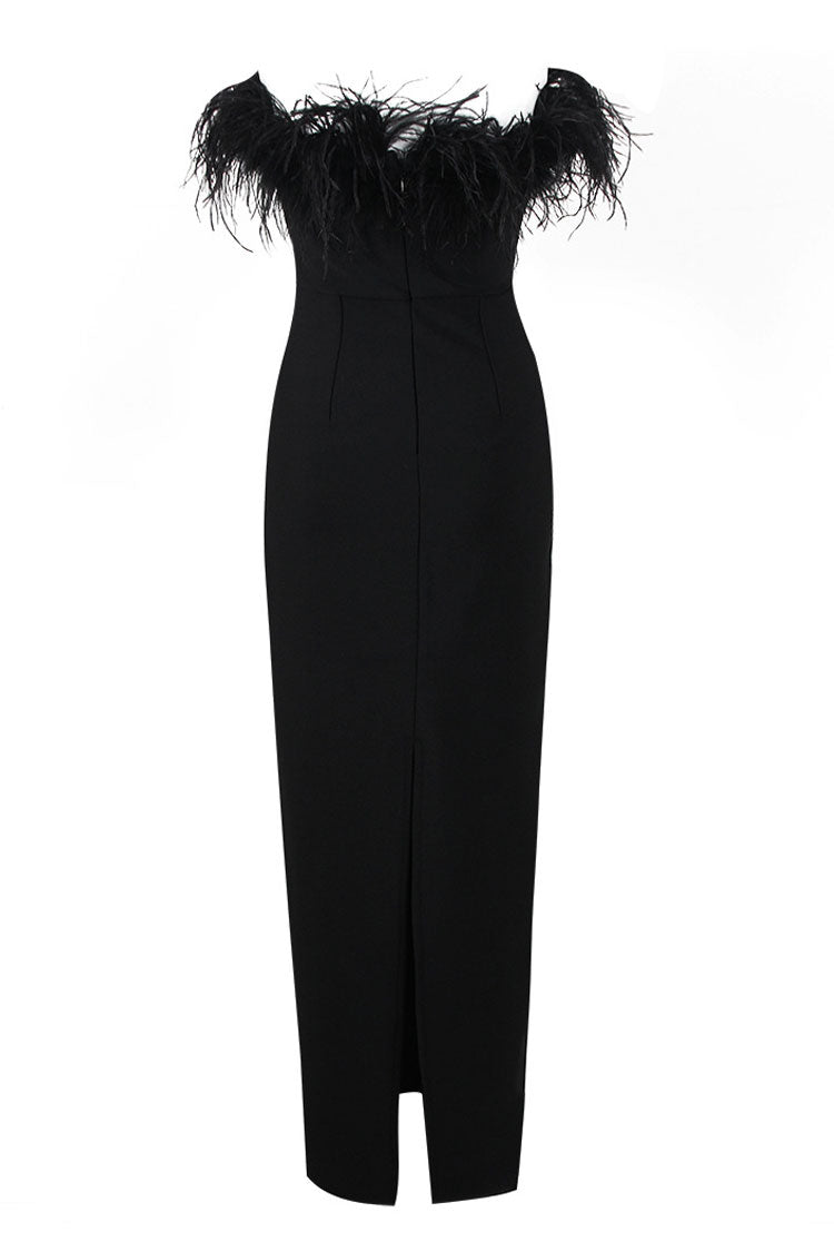 Vintage Sweetheart Strapless Bandage Knit Feather Trim Maxi Dress - Black 4