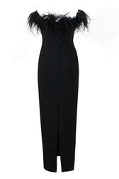 Vintage Sweetheart Strapless Bandage Knit Feather Trim Maxi Dress - Black 4