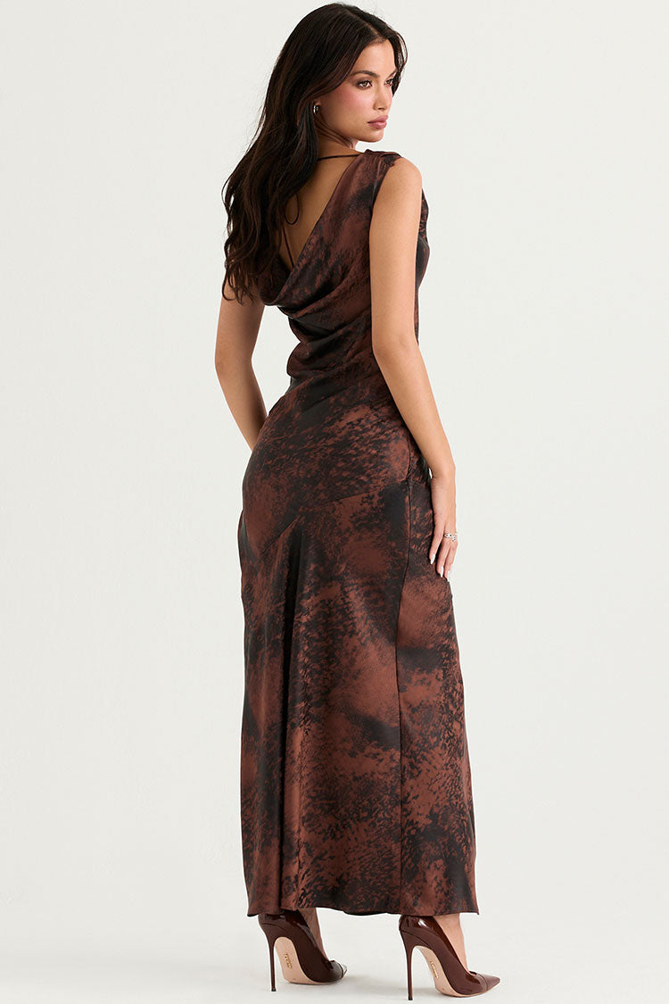 Vintage Tie Dye Cowl Neck High Split Satin Evening Maxi Dress - Brown 3