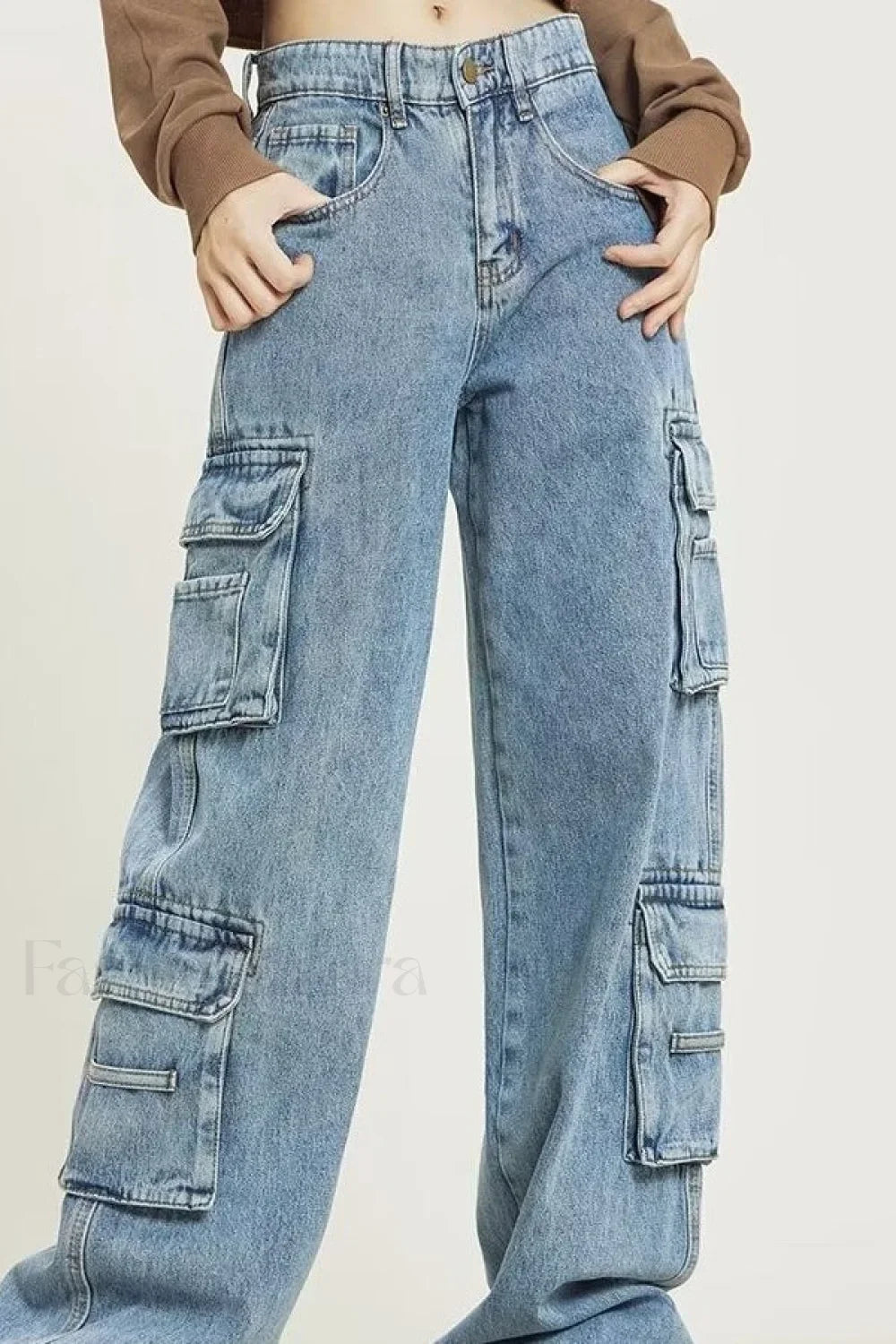 Vintage Washed Wide Leg Cargo Jeans Blue / S