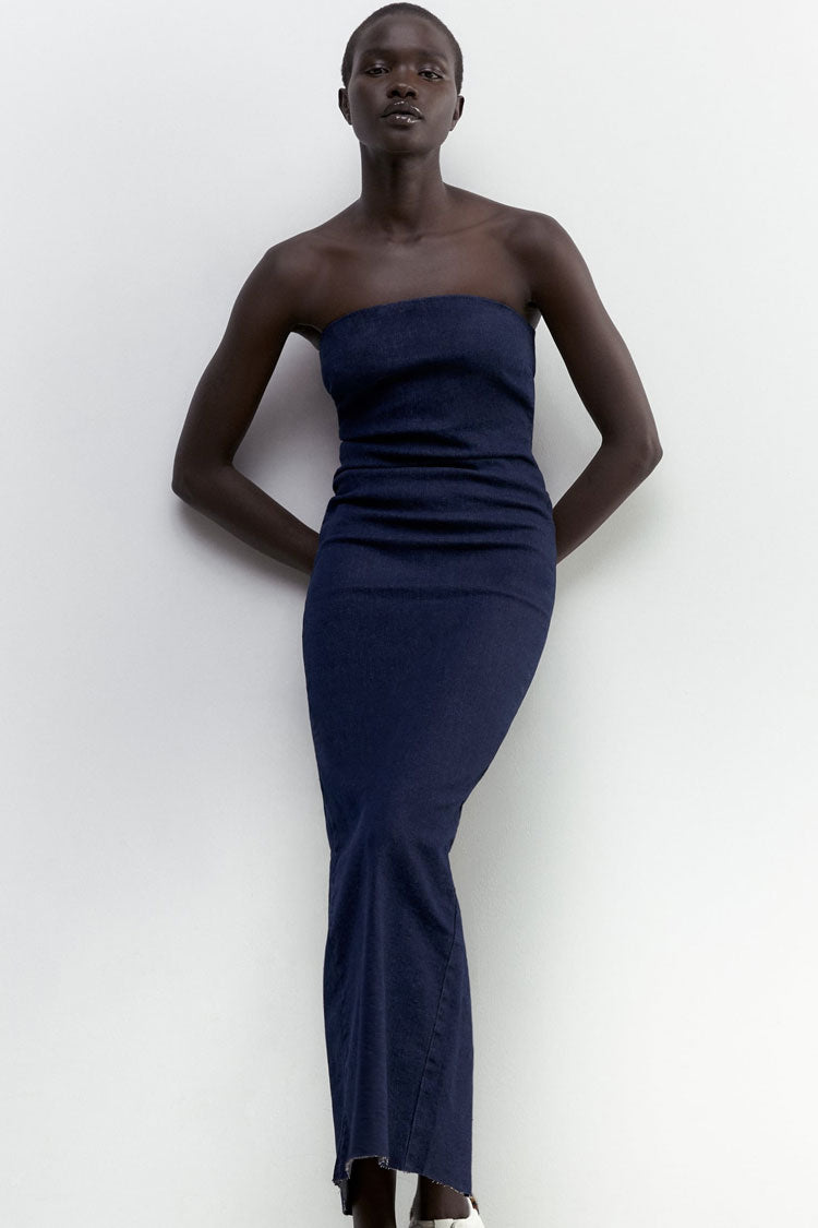 Timeless Zipper Back Split Bodycon Summer Strapless Maxi Dress - Dark Blue