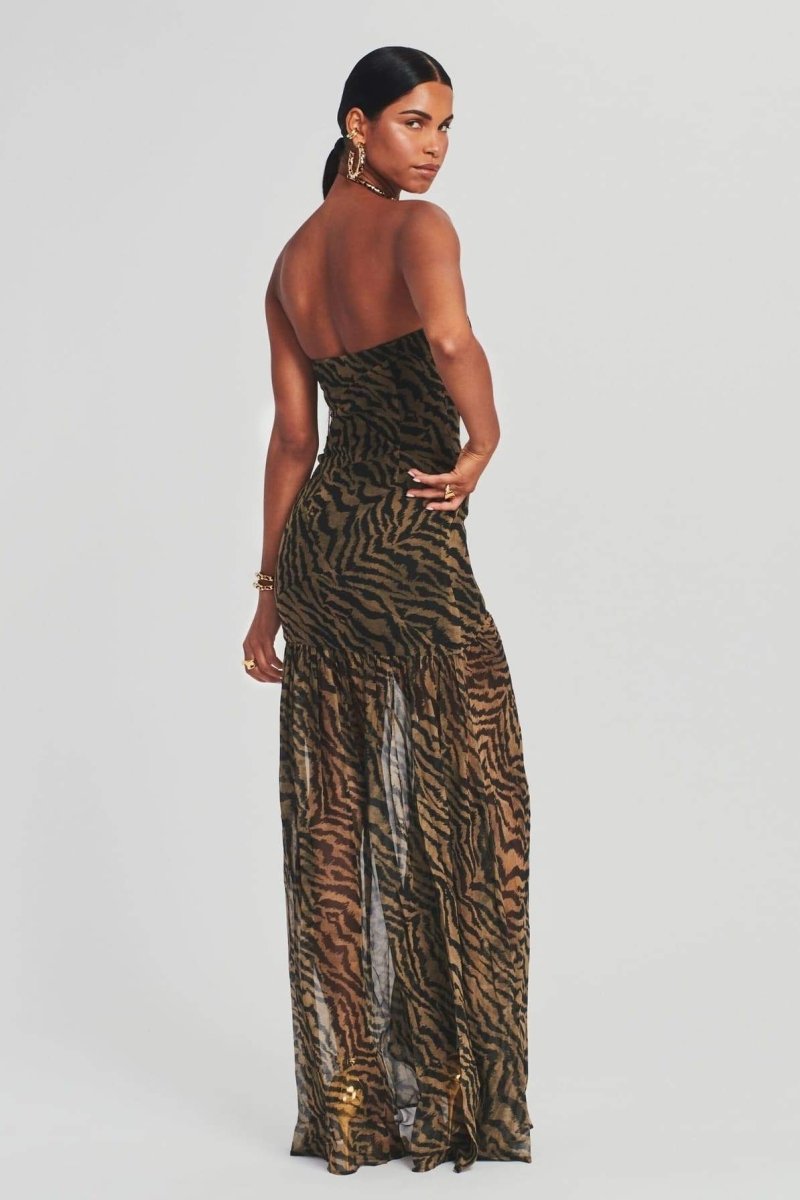Tiger Stripe Strapless High Split Sheer Panel Maxi Gown