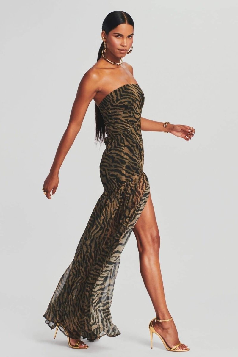 Tiger Stripe Strapless High Split Sheer Panel Maxi Gown