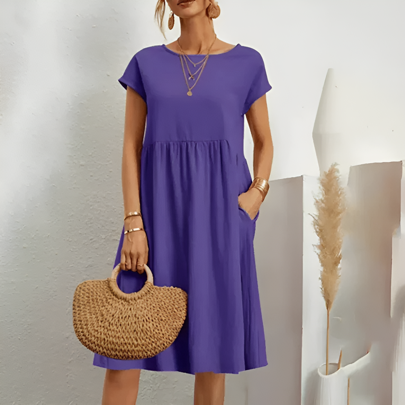 Crew Neck Cap Sleeve Pocket Midi Dress Summer 10