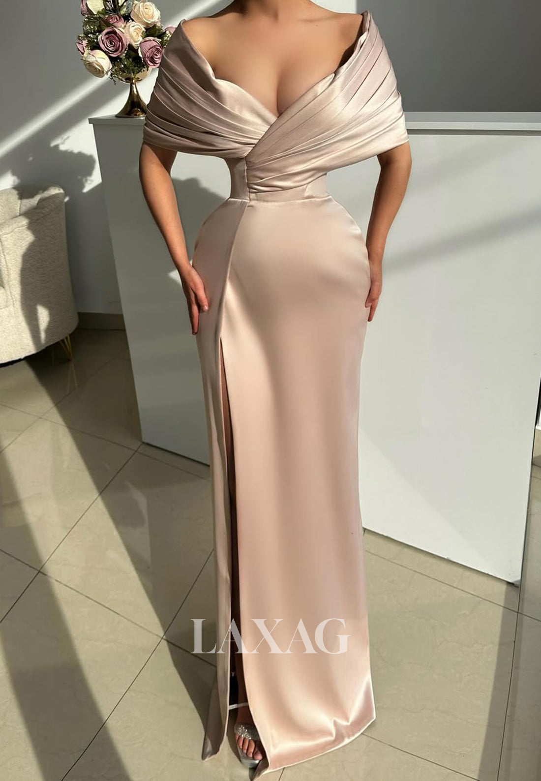 V-Neck Sleeveless Formal Gowns Pleated Floor-Length Mermaid Prom Dress with High Slit
